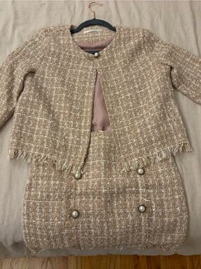 storets Beige Tweed Jacket with Pearl Accents